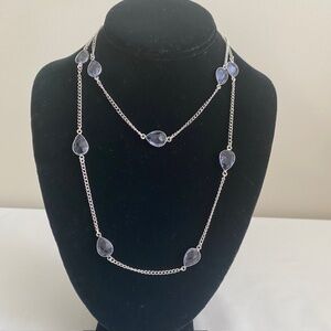 Purple Teardrop Crystal Cabochon Silver Plated Chain Necklace Length 36"